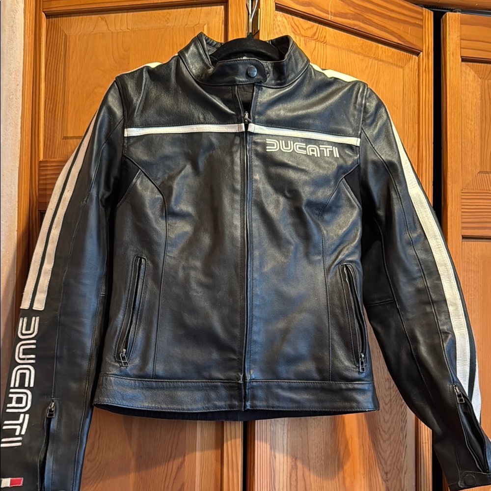 Black and White Leather Motorcycle Jacket with Racing Stripes